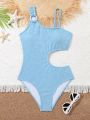 Teenage Girls' Solid Color Hollow Out Ring Buckle Decor One-piece Swimsuit