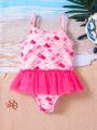 SHEIN Young Girl'S Knitted Halter Mesh Swimsuit With Ruffle Hem For Casual And Holiday