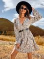 SHEIN LUNE Floral Print Lantern Sleeve Dress Without Waistband