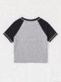 SHEIN Teen Girls' Knitted Color Block Fitted T-Shirt With Raglan Sleeve And Short Hemline