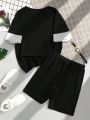 SHEIN Kids EVRYDAY Tween Boy's Casual Holiday Patchwork Letter Print Short Sleeve Pullover T-Shirt And Knitted Shorts Set