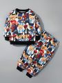 SHEIN Toddler Boys' Lovely Comfortable Bear Print Round Neck Sweatshirt And Knitted Pants Outfit