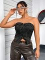 Women's Plus Size Striped Tube Top With Button Detail