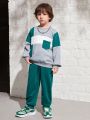 SHEIN Toddler Boys' Casual Color Block Round Neck Sweatshirt And Jogging Pants Two Piece Set