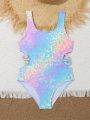 Tween Girls' Gradient Leopard Print Hollow Out One-Piece Swimsuit