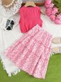 Girls Bow Shoulder Tank Top & Ditsy Floral Print Frill Trim Skirt