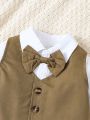 SHEIN 2pcs/Set Baby Boys' Vintage College Style 2 In 1 Shirt With Bow Tie And Pants, Gentleman Outfit For Outdoor Activities