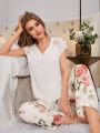Women's White V-neck Lace Short-sleeved Top Trousers Pajama Set