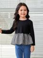 SHEIN Kids KDOMO Girls' Loose Fit Casual Round Neck Plaid Patchwork Shirt
