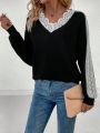 Lace Patchwork V-Neck Long Sleeve Sweatshirt