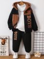 SHEIN Young Boy 2pcs/Set Casual Hooded Letter Printed Splicing Sweatshirt And Pants Set For Autumn And Winter