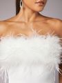 SHEIN BAE Valentine'S Day And New Year'S Eve Feather Decorated One Shoulder Off Shoulder White Bandage Elegant Women'S Dress