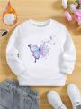 Little Girls' Butterfly Printed Fleece Lined Sweatshirt For Warmth, Autumn And Winter