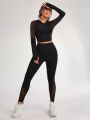 Daily&Casual Women's Zipper Front Hooded Mesh Splice Long Sleeve Top And Leggings Sports Suit