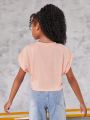 SHEIN Kids EVRYDAY Tween Girls' Knitted Round Neck Solid Color Cropped Casual Short Sleeve T-Shirt