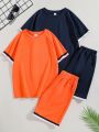 SHEIN Kids EVRYDAY 4pcs/Set Loose Fit Casual Color Block Stripe Ribbon Round Neck Short Sleeve T-Shirt And Shorts For Tween Boys
