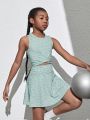 SHEIN Tween Girl Cross Back Vest & Anti-Lighting Short, Skirt & Leopard Print Set (With Pockets)
