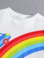 SHEIN Kids QTFun 2pcs Young Boys' Cute Cartoon Car & Rainbow Patterned Round Neck Comfortable T-Shirt And Shorts For Outdoors, School, Home, Spring/Summer