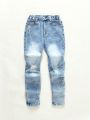 Boys' Street Style Cool And Versatile Fried Snowflake Washed Horsetail Craft Comfortable Elastic Waistband Cut And Ripped Stretch Skinny Jeans