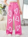 SHEIN Teen Girl's Twill Heart Patterned Casual Pants With Slanted Pockets