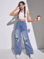 SHEIN Teenage Girls' Casual Loose High Waist Asymmetrical Ripped Jeans With Distressed Details