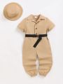 SHEIN Kids EVRYDAY Boy'S Fit Casual Woven Webbing Belt Jumpsuit And Hat