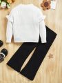 SHEIN Toddler Girls' Cute Loose Fit Round Neck Long Sleeve Sweater And Knitted Pants Set