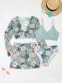 Teen Girls' Strappy Floral Print Bikini Swimsuit With Cover Up Set