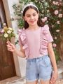 SHEIN Kids CHARMNG Tween Girls' Round Neck Short Sleeve T-Shirt With Ruffle Hem On Both Sides