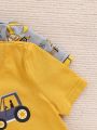 SHEIN 4pcs Baby Boys' Alphabet & Excavator Pattern Round Neck Short Sleeve T-shirt And Shorts Set