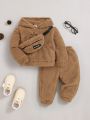 SHEIN Baby Boys' Casual Fleece Embroidered Hoodie And Long Pants Set