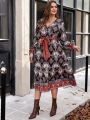 SHEIN Clasi Plus Size Fashionable V-neck Belted Printed Dress