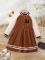 Young Girl Embroidery Letter Pattern Striped Trim Raglan Sleeve Dress