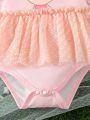 Baby Girl Romantic & Elegant Polka Dot Mesh Splice Cartoon Printed Bodysuit For Spring And Summer