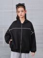 SHEIN Kids HYPEME Tween Girls' Color Block Hooded Zip Up Sweatshirt With Rolled Hem