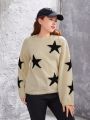 Teen Girls' Trendy Loose Fit Star Pattern Drop Shoulder Sweater