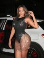 SHEIN SXY Gorgeous Women's Glamorous Sexy Nightclub Stage Electronic Music Hollow See-Through Tight-Fitting Elegant Sequin Tank Top And Bright Diamond Suspender Bright Diamond High Waist Skirt Set (Jumpsuit Not Included)
