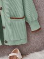 SHEIN Tween Girls' Casual Cardigan With Teddy Bear Patch & Double Pocket Design
