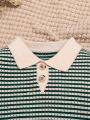SHEIN Newborn Baby Boys' Casual Loose Fit Striped Sweater With Long Sleeves And Polo Collar