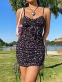 SHEIN WYWH Vacation Floral Print Drawstring Side Lace-Up Cami Dress