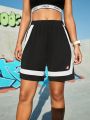 Street Sport Women's Letter Printed Color Block Athletic Shorts