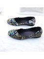 Women's Flat Shoes Printed Fabric Slip-on Loafers With Square Toe, Round Heel, Simple And Casual