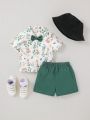 SHEIN Baby Boy's Rabbit & Plant Patterned Collared Short Sleeve Shirt, Solid Color Shorts And Bow Tie 3pcs Set