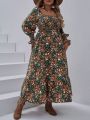 SHEIN VCAY Plus Size Women's Full Floral Printed Dress With Ruffled Sleeves