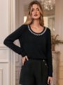 SHEIN Frenchy Fuzzy Sweater With Rhinestone And Pearl Embellishments