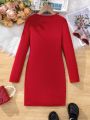 SHEIN Kids Cooltwn Girls' Fashionable Elegant Knitted Solid Color Long Sleeve Dress