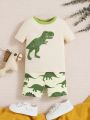 SHEIN Baby Boys' Cartoon Dinosaur Print Short Sleeve T-Shirt And Shorts Pajamas Set