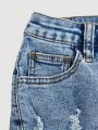 SHEIN Tween Girls' Distressed Skinny Denim Shorts With Slanted Pockets