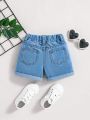 SHEIN Baby Girls' Cute Strawberry Pattern Stretch Waist Comfortable Soft Denim Shorts