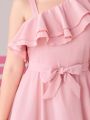SHEIN Teen Girls' Woven Solid Color Double Layer Ruffle Trim Casual Dress